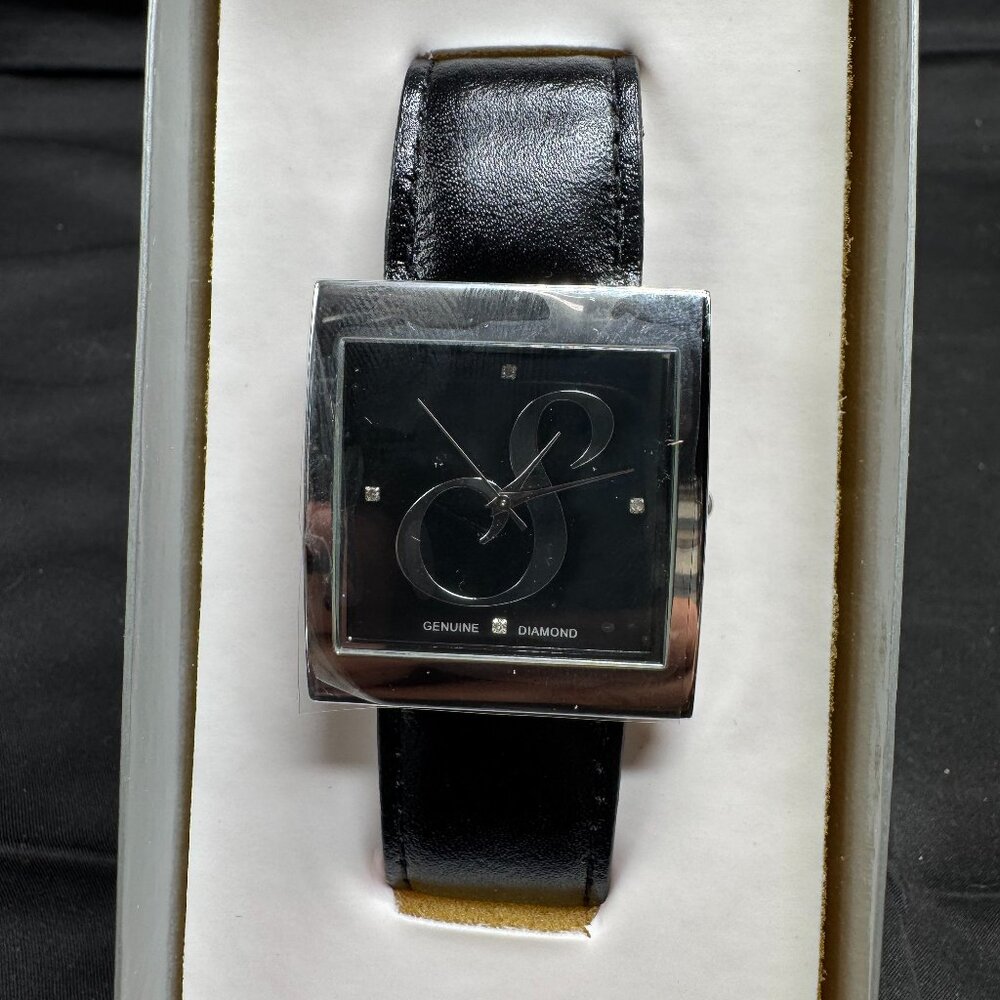 Vintage NOS Women's Genuine Diamond Accent S Monogram Watch Silvery/Black Square